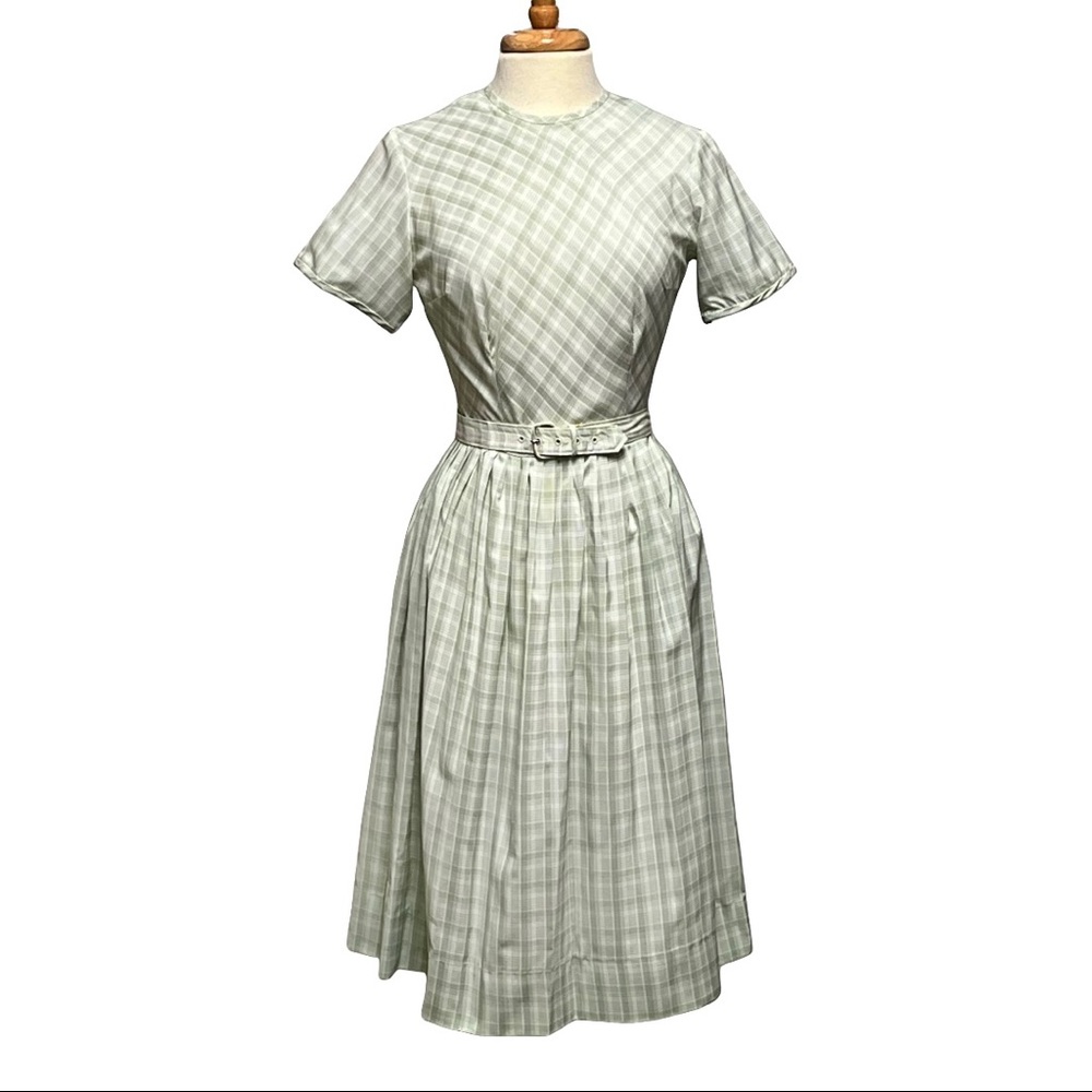 Vintage Handmade Seafoam Green Plaid Shirtwaist Dress with detached Belt